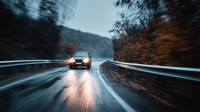 Car speeding on wet road at night. Drunk driver behind wheel causing danger. Reckless driving at high velocity on highway curve. Traffic safety and road accident prevention concept.