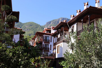 Fototapeta premium Houses surrounded by greenery in Akyaka, Mugla, Turkey.