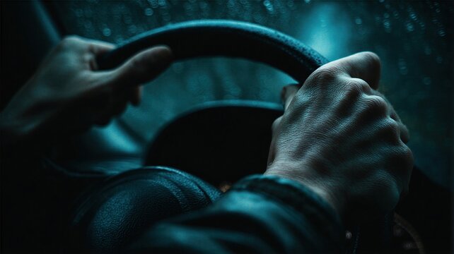 Man driving car during rain. Intoxicated driver holding steering wheel at night. Impaired driving, road safety and traffic accident prevention concept. Dangerous vehicle control in bad weather.