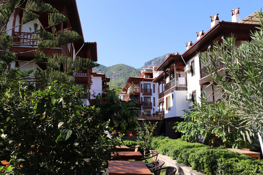 Houses surrounded by greenery in Akyaka, Mugla, Turkey.