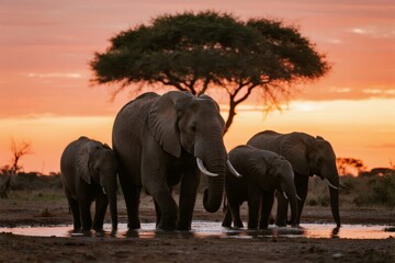 Fototapeta premium Elephant herd at a waterhole during sunset in the savanna