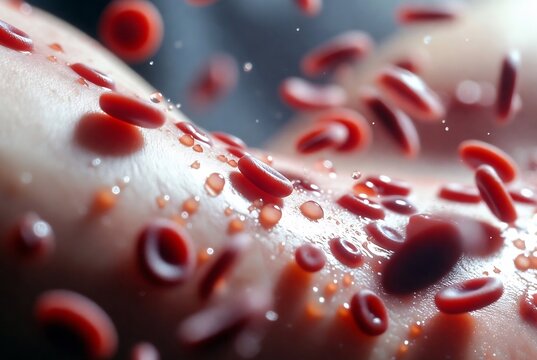 Red blood cells on skin, indicating a capillary burst or fluid leakage.