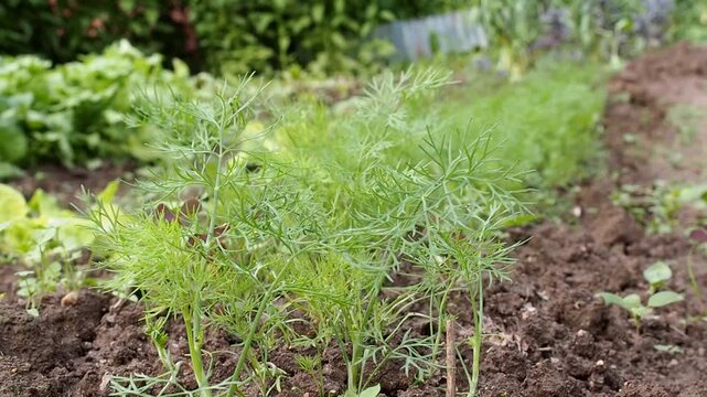 Dill bed close up. The concept of vitamins, growing healthy foods on earth. A fresh young corner grows in the garden. selective focus.