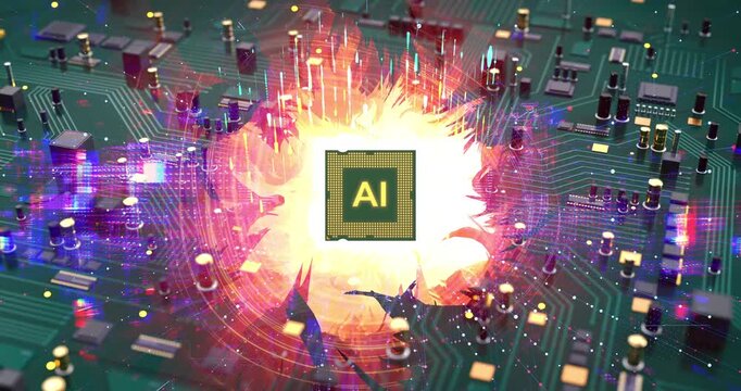 High tech computer circuit board with flaming AI processor. AI Technology Related 3D Computer Animation.