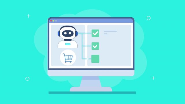 Animated AI dashboard with shopping cart icon, checklist, and system panel, showing ecommerce automation, order processing, and digital workflow monitoring.