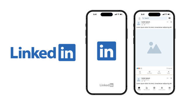 LinkedIn social media app template. iPhone with LinkedIn mockup, LinkedIn template screen frame with shadow on dark and light color mode, User Interface mockup template. Smartphone. Vector