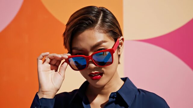 Close-up portrait of a smiling young woman with short brown hair wearing red sunglasses with blue mirrored lenses and red lipstick against a colorful geometric wall on a sunny day.