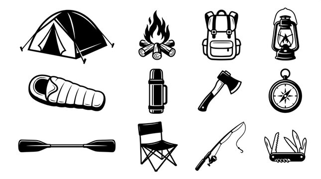 Outdoor Adventure Icon Collection &ndash; Hiking Camping Fishing Equipment Black Vector Pack