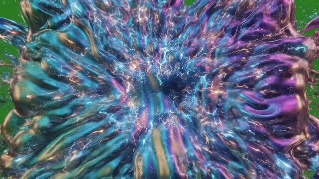 Vibrant, iridescent liquid splashing outwards with energetic motion against a green background.