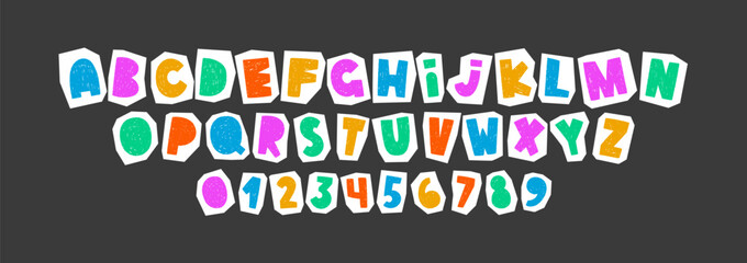 Cute alphabet cutouts in paper font style, ideal for children's crafts, scrapbook designs. Collage vector illustration. © Arina