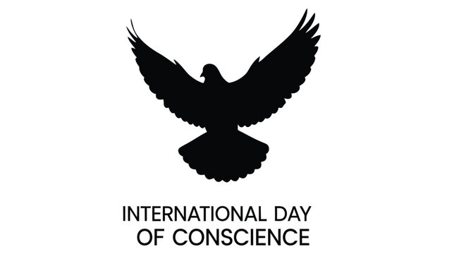 Silhouette of a dove with text commemorating the international day of conscience