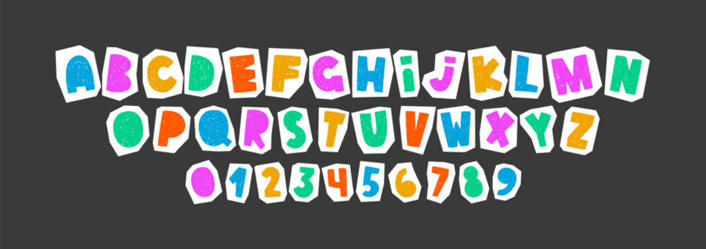 Cute alphabet cutouts in paper font style, ideal for children's crafts, scrapbook designs. Collage vector illustration.
