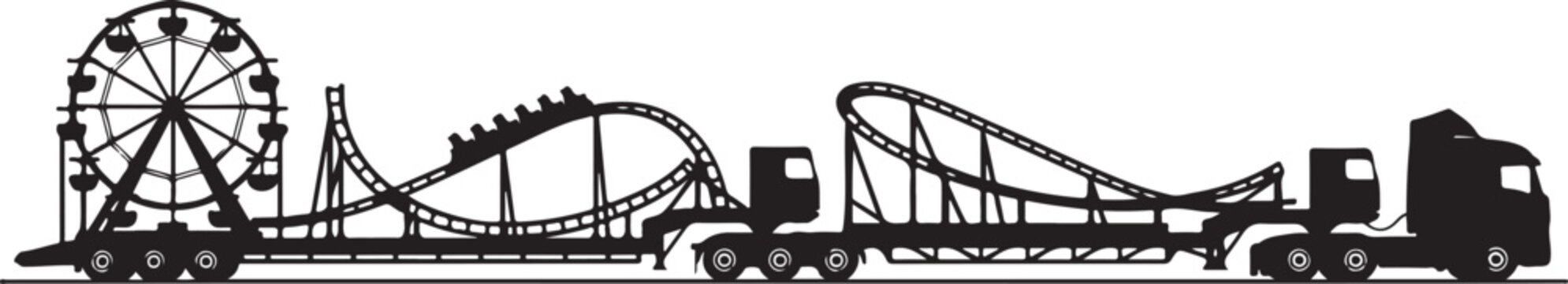 Amusement park rides on truck, carnival attractions, vector illustration, black silhouette, fairground elements