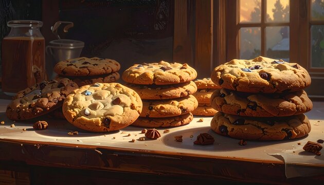 A stack of cookies on a table by a window