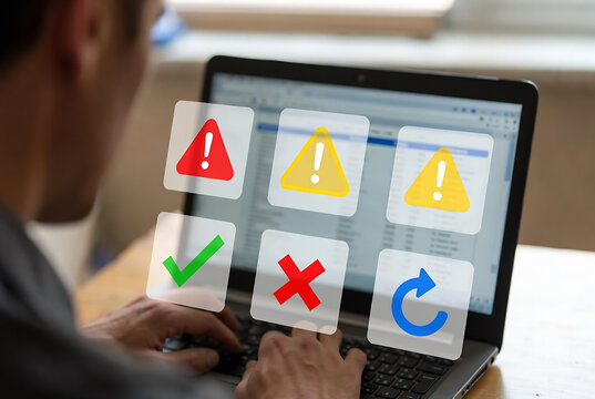 A person is using a laptop, with multiple warning and error symbols displayed on the screen alongside checkmarks, an X, and a refresh icon. It appears to be a digital interface with potential issues b