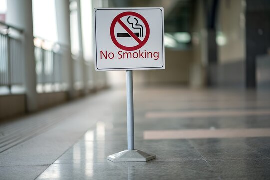 A clear and prominently displayed rectangular no smoking sign, featuring a universally recognized red circle with a diagonal line over a black cigarette icon, stands on a light gray pole with a hexago
