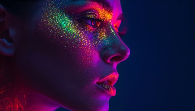 Extreme close-up of half-face profile with fluorescent avant-garde makeup. Unusual saturated colors with soft glowing highlights, cinematic shallow focus, photorealistic macro.