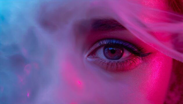 Macro close-up of eyes with neon gradient makeup. Viewed through soft colored mist, surreal light diffusion, photorealistic macro fashion, cinematic glow.