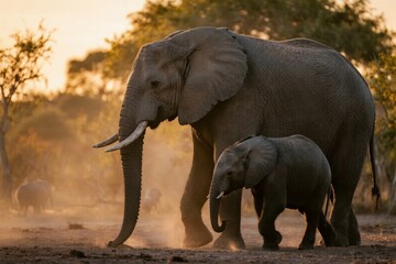 Fototapeta premium Adult and baby elephant walking together in a dusty savanna at sunset
