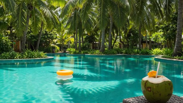Tropical pool with coconut drink and inflatable ring surrounded by palms  