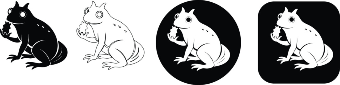 Detailed frog illustrations in solid and outline vector styles for decorative print and digital assets set