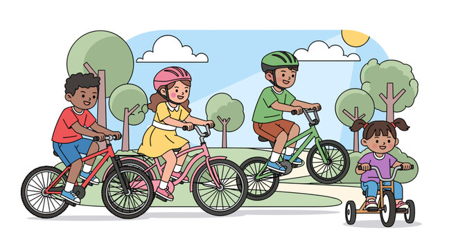 Four diverse children enjoying a sunny day riding bicycles and a tricycle through a park with trees and clouds.