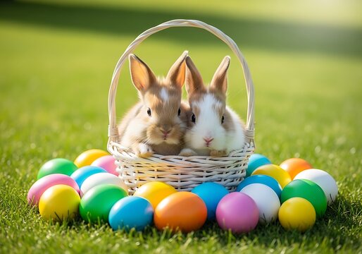 Two adorable bunnies in a wicker basket surrounded by colorful easter eggs on green grass