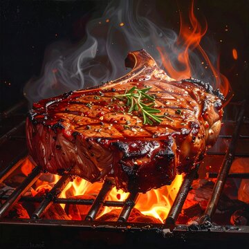 A grilled steak on a barbecue with flames and herbs