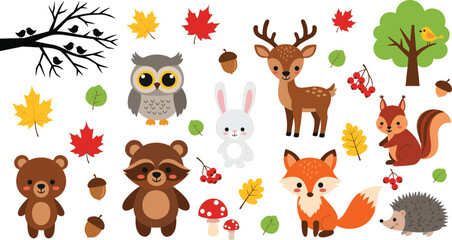 Fototapeta premium Cute forest animals and autumn elements set with bear, fox, deer, owl and leaves, cartoon woodland illustration collection for kids design