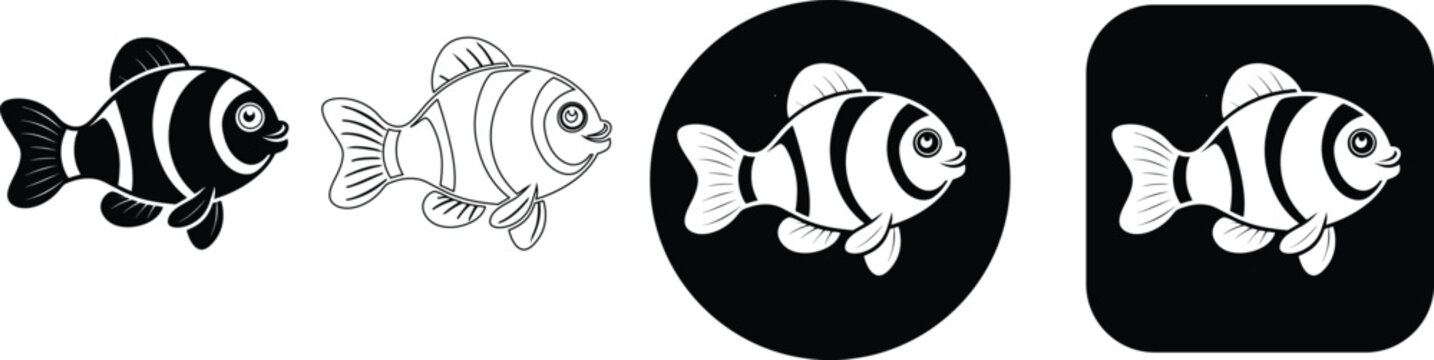 Minimalist black and white clownfish vector illustration set with line art and solid silhouette versions