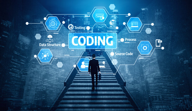 A business professional ascends stairs toward a digital interface that highlights coding components such as data structure, testing, and source code, symbolizing career advancement. Tessel