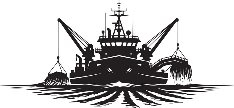 Fishing Trawler, Trawling Boat, Black Silhouette, Vector Illustration, Nautical Icon