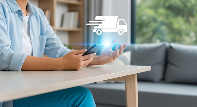 Woman using a mobile phone for delivery services, receiving package updates and tracking shipments online