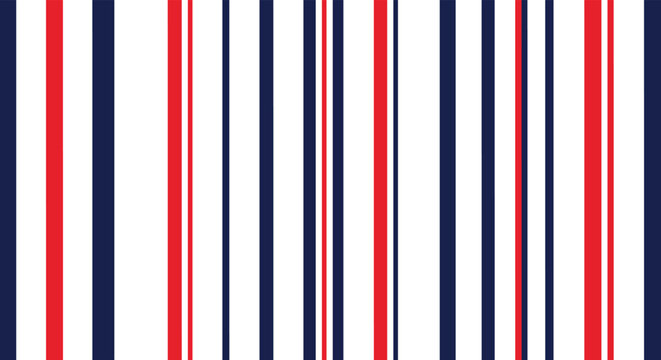 Abstract seamless pattern with vertical stripes of varying widths in navy blue, red, and white, perfect for a classic nautical aesthetic.