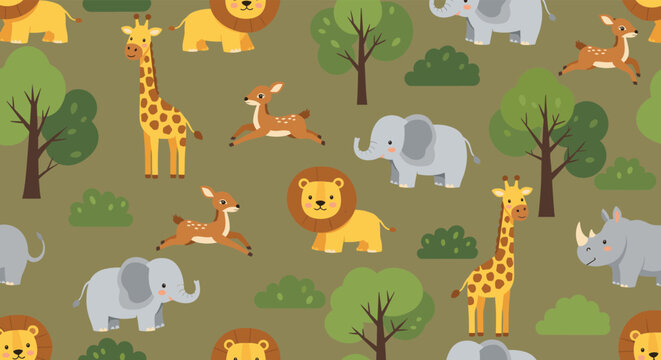 Adorable seamless pattern of jungle animals including lions, elephants, giraffes, and deer among trees on a soft olive green background.