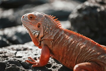 Fototapeta premium A close-up of a red iguana resting on rocky terrain under sunlight
