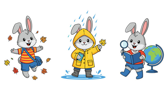 Three adorable bunny rabbit characters shown in different scenes: going to school, playing in autumn leaves, and studying with a globe.