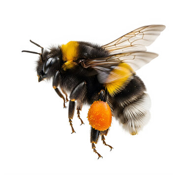 Bumblebee flying with full pollen basket on leg against transparent checker background.