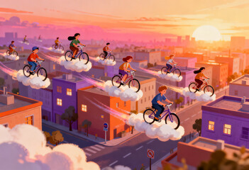 Joyful cloud flying bicycles over a miniature city sunset