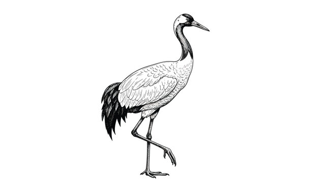 Elegant black and white engraving of a crane bird standing on one leg showing intricate feather details and a graceful pose.
