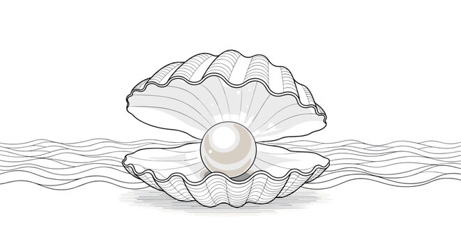 Beautiful illustration of an open oyster shell revealing a large lustrous white pearl against a calm wavy ocean background.