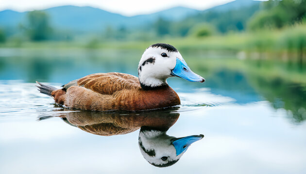 Bebek berenang di danau dengan refleksi air