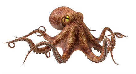 Fototapeta premium Large realistic brown octopus with detailed skin texture and prominent yellow eyes against transparent background.