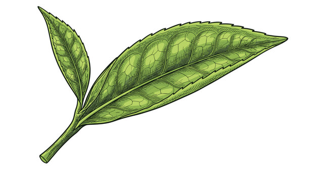 Highly detailed botanical illustration of a fresh green tea leaf branch with textured veins isolated on a white background.