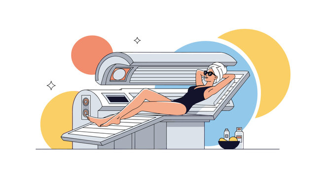 Modern illustration of a woman wearing sunglasses and a head towel relaxing in a professional solarium tanning bed for beauty treatment.