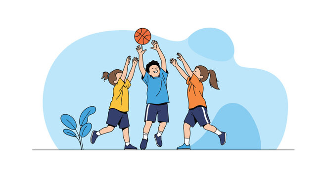 Dynamic illustration of three young children in sports uniforms jumping to catch a basketball against a soft blue sky background.