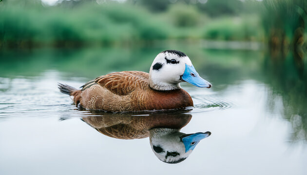 Bebek berenang di danau dengan refleksi air