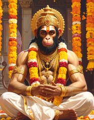 Obraz premium A monkey deity sits cross-legged with hands clasped
