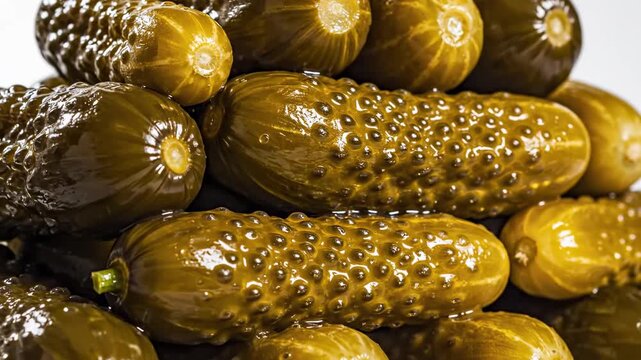 Fresh and Crunchy Pickles stacked in a large pile of green gherkins with bumpy texture on a white background, perfect for food industry marketing and culinary recipe blogs.