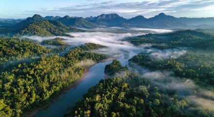 Fototapeta premium Emerald expanse, misty mountains, serene waterways, vibrant wilderness